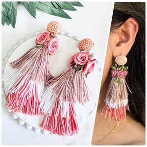 2/$30🌵 Floral Rose Tassel Pink Ombre Fringe Earrings Shabby Chic Romantic NEW